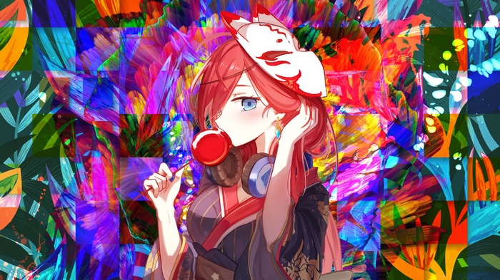 Nakano Miku with Fox Mask and Candy Apple