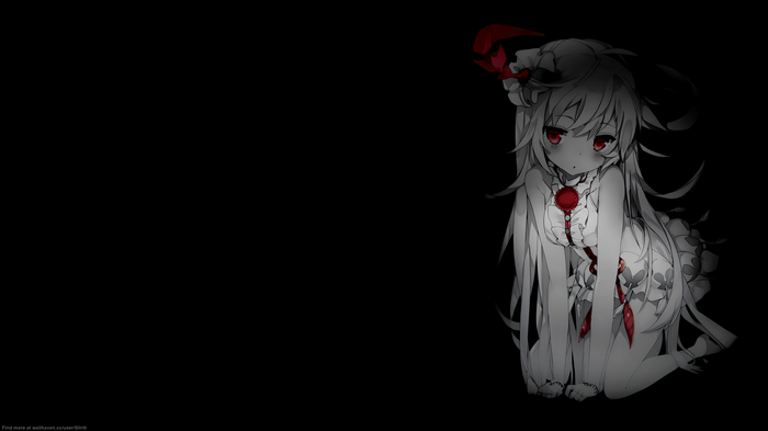 Anime girl with red eyes and red accents on dark background