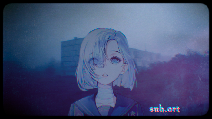 Anime girl with blue eyes and hair over one eye