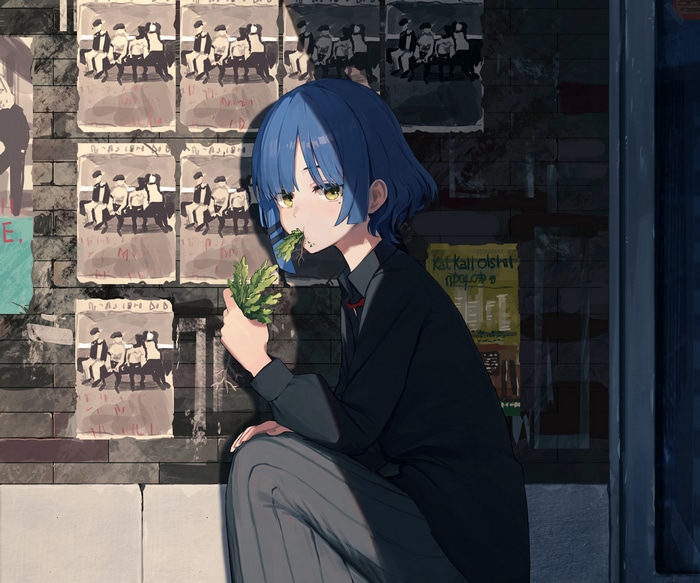 Ryo Yamada eating greens in front of posters
