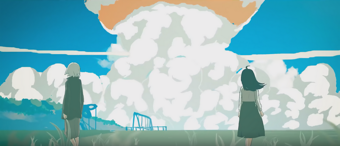 Anime girls watch a large smoke cloud
