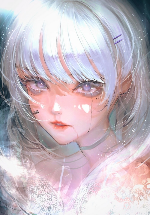 Artwork of a crying woman with a barcode tattoo