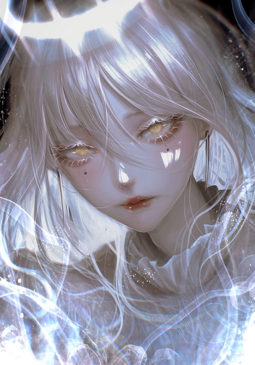 Woman with white hair and yellow eyes