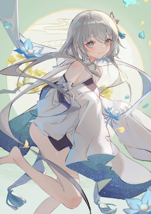 Guizhong from Genshin Impact with gray hair and blue eyes