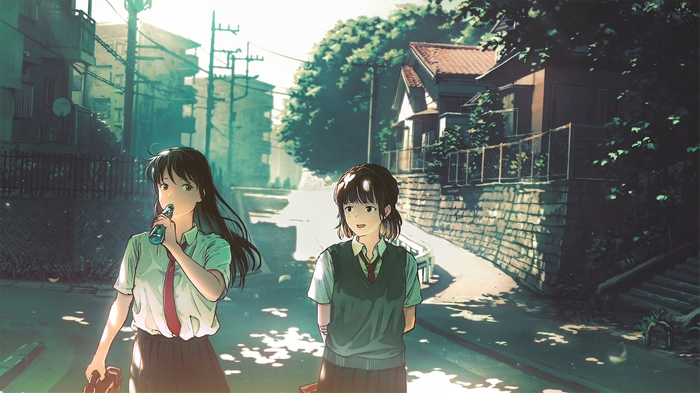 Anime girls in school uniforms walking in a Japanese city