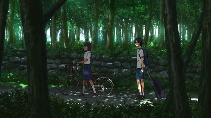 Summer Time Rendering Anime Screenshot with Bicycle and Backpacks
