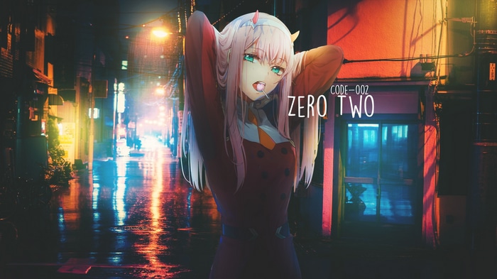 Zero Two with a lollipop in a rainy city