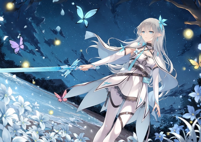 Elf girl with sword and butterflies at night