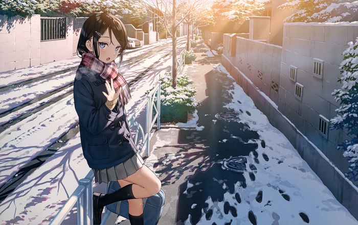Schoolgirl in winter coat and scarf waving in snowy street