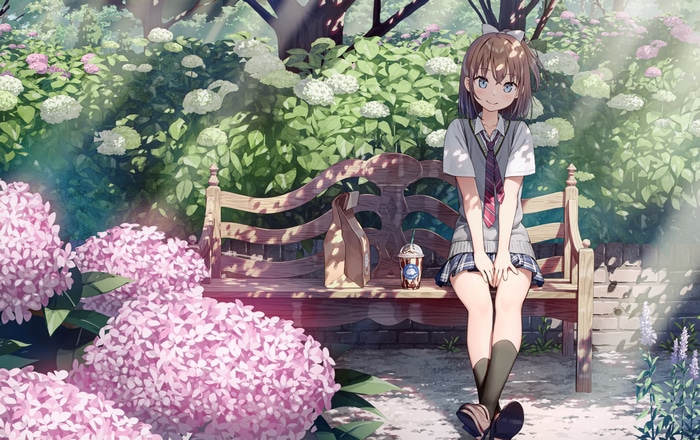 Anime girl in school uniform sitting on a bench