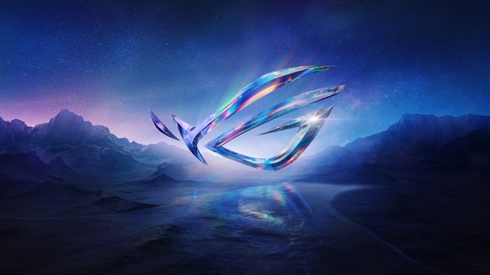 4K ROG logo over a starry mountain landscape