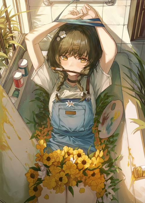 Girl with paint brushes in a bathtub with flowers