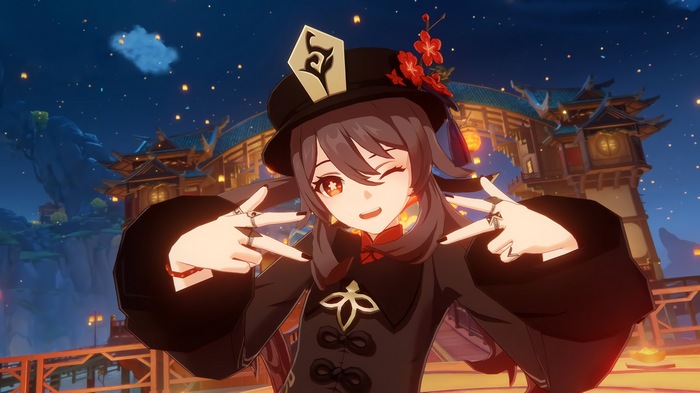 Hu Tao winks with lanterns in the background