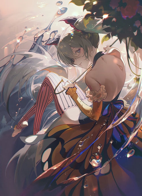 Hatsune Miku with butterfly wings and umbrella