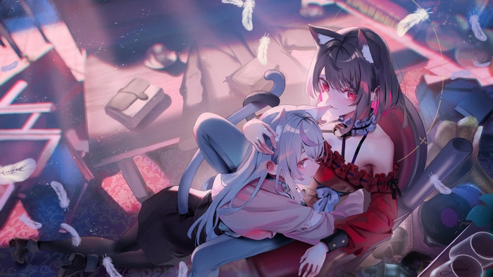 Two cat girls hugging with feathers around them