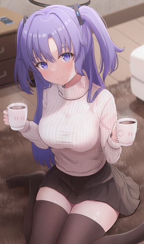 Hayase Yuuka from Blue Archive holding coffee cups