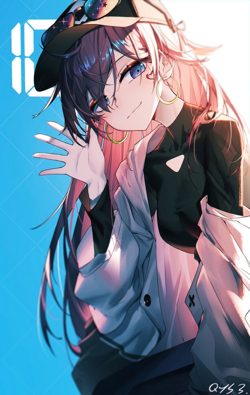 Anime girl with hat and hoop earrings waving