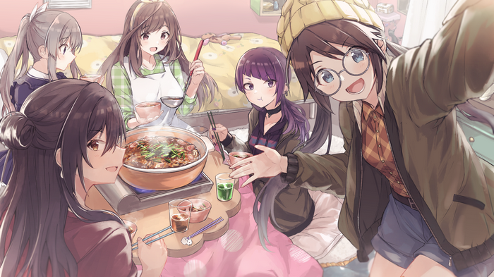 Anime girls enjoying a hot pot meal together