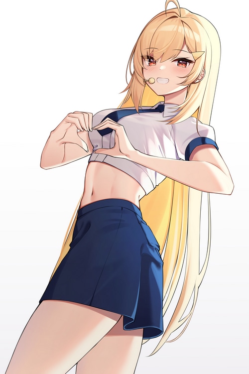 Anime girl with blonde hair making heart hands