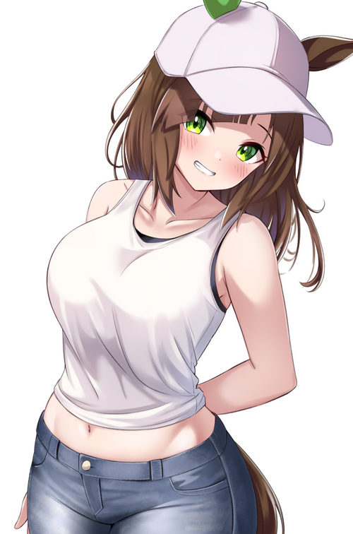 Anime girl with brown hair and green eyes wearing a hat and tank top