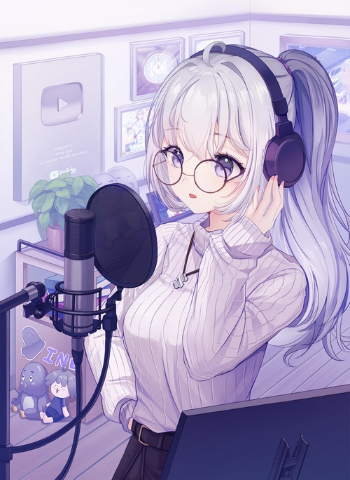 Anime girl with glasses and headphones recording