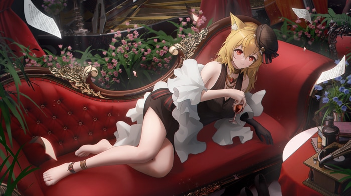 Arknights Fox Girl with Wine on Red Couch
