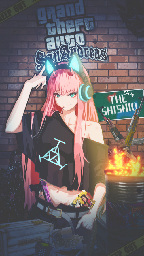 Zero Two with guns and Grand Theft Auto: San Andreas logo