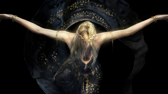 Elden Ring Melina with golden crown and dark dress