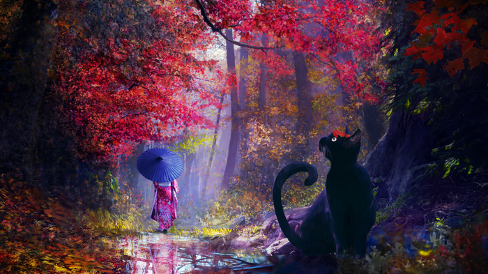 Black Cat and Woman in Kimono with Umbrella in Autumn Forest