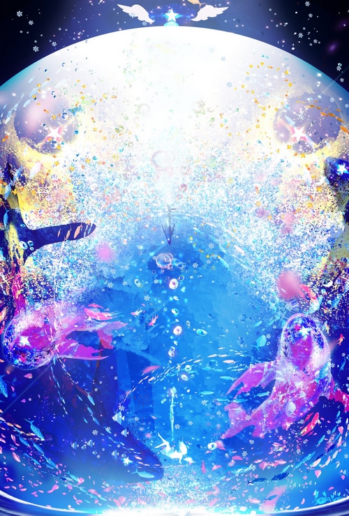 Whales and fish in a starry, bubbly underwater world