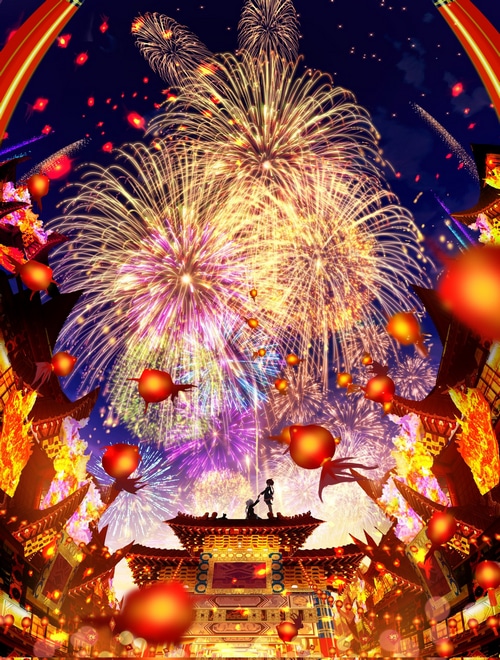 New Year fireworks over a traditional Asian city at night