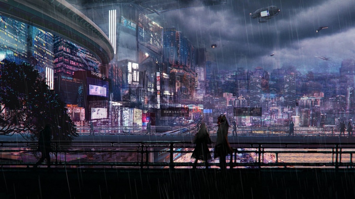 Cyberpunk city lights in the rain