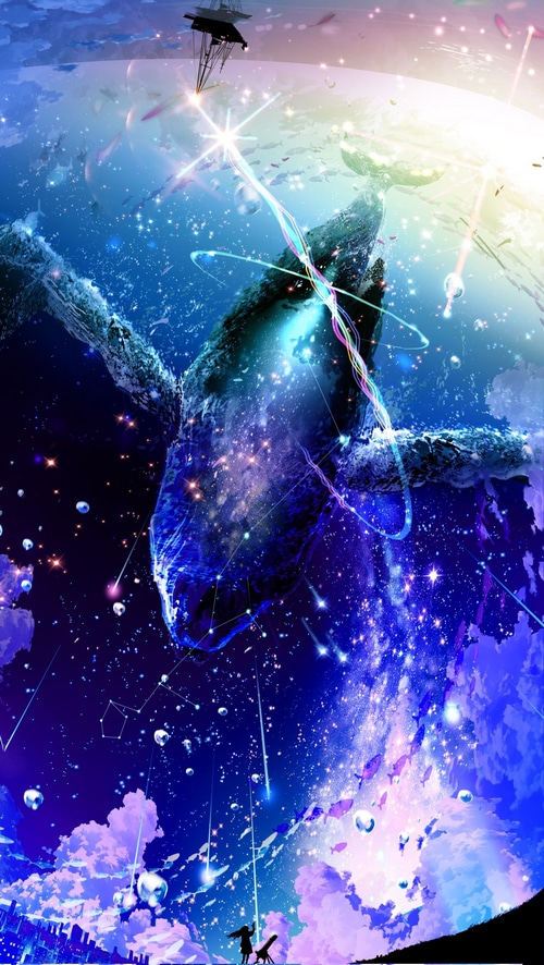 Whale in a starry universe with a ship