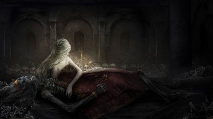 Elden Ring: Melina and the Tarnished in a crypt