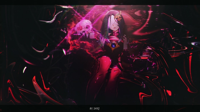 Anime girl with blindfold and skull in dark fantasy setting