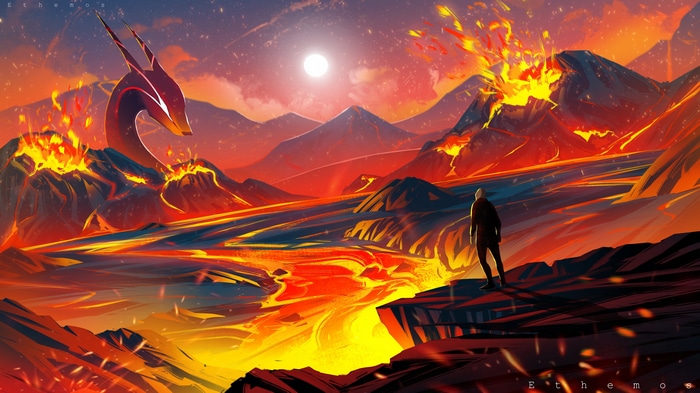 Fantasy lava landscape with creature and moon