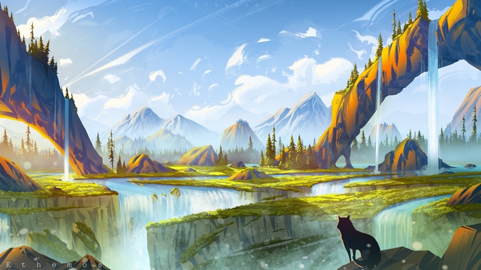 Fantasy landscape with wolf and waterfalls