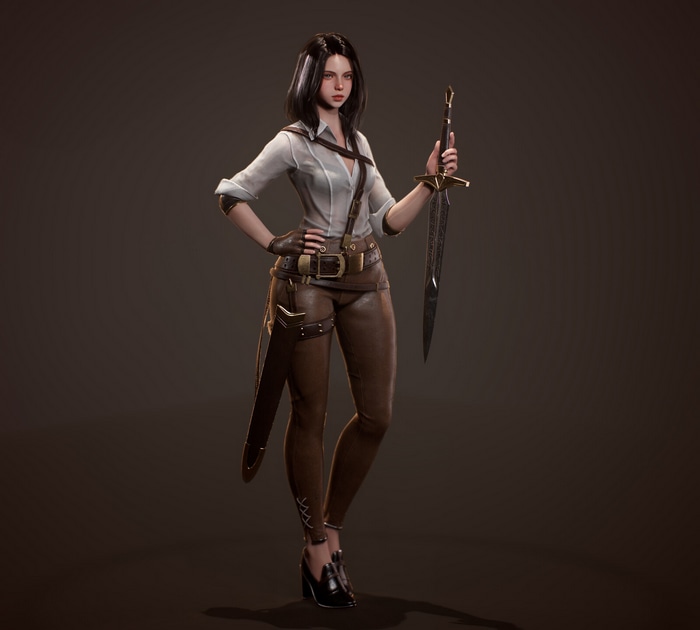 Woman in adventurer outfit holding a sword