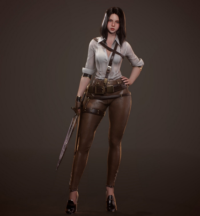 Woman in white shirt and brown leather outfit holding a sword