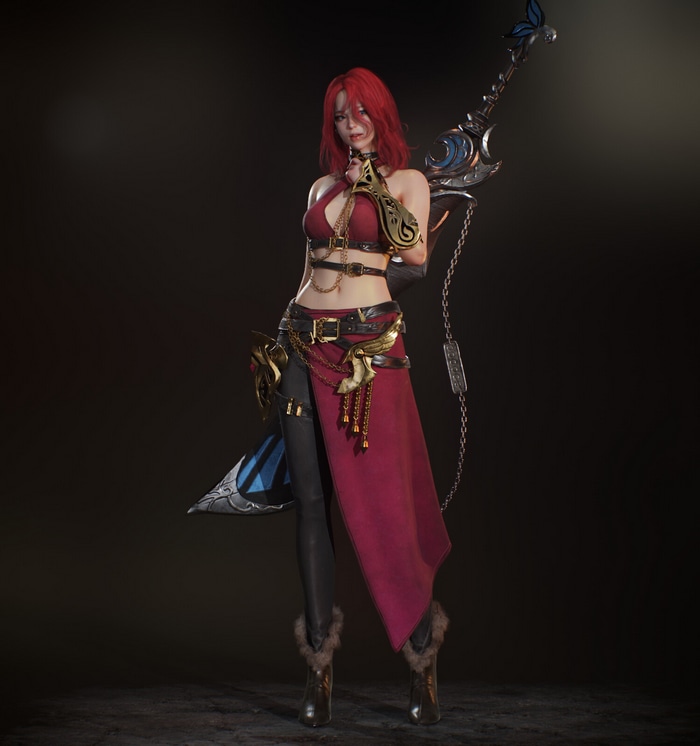 Woman with red hair and a weapon
