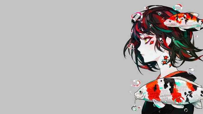 Anime girl with koi fish and flowers