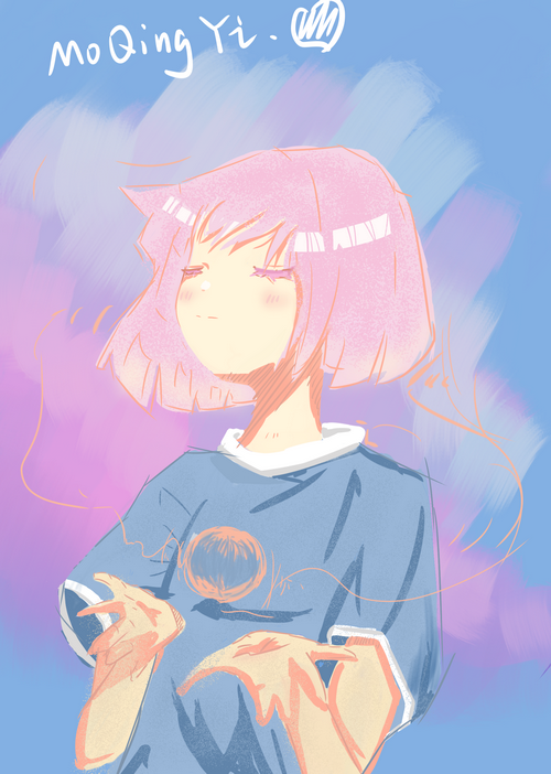 MoQingYi with pink hair and blue shirt