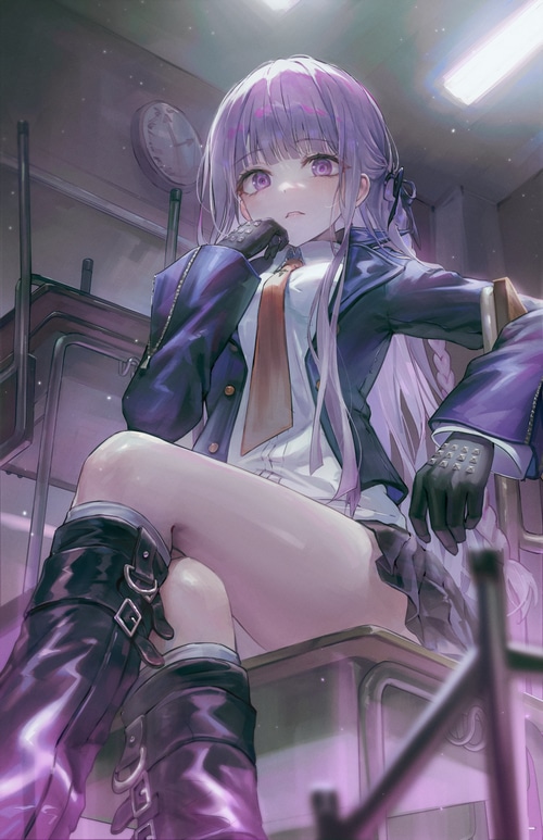 Kyoko Kirigiri in a school uniform with purple hair