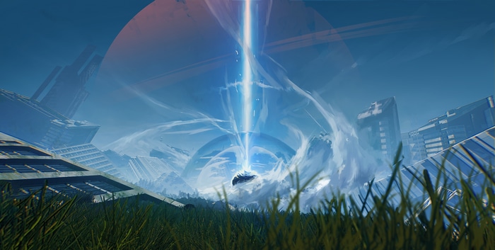 Sci-fi city with a beam of light and Saturn