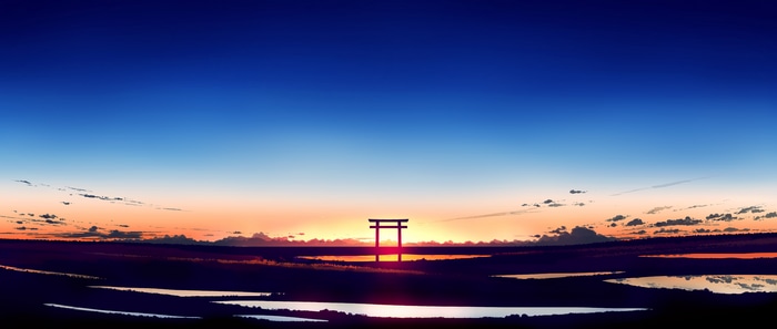 4K Ultrawide Sunset Landscape with Torii Gate in Japan