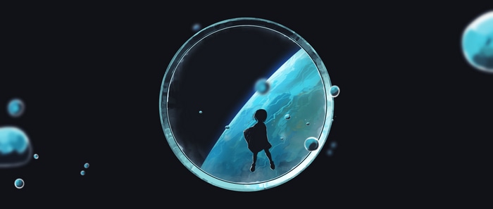 Silhouette in a bubble looking at a planet