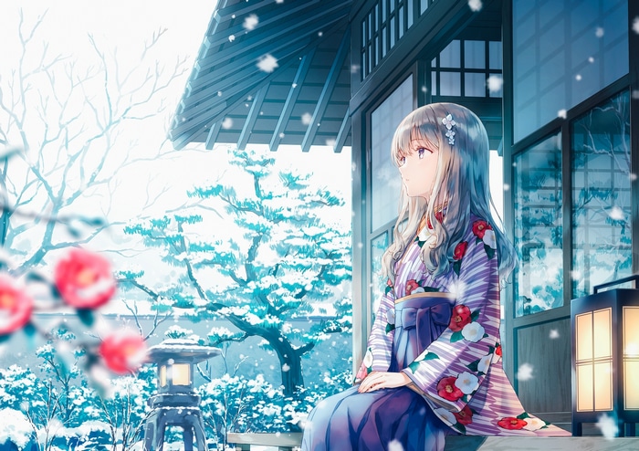 Girl in Kimono Sitting in Snowy Japanese Garden