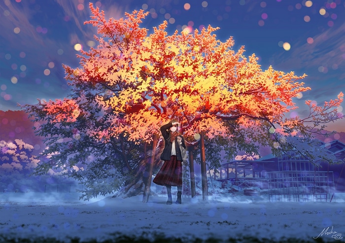 Girl under a snow-covered tree with autumn leaves