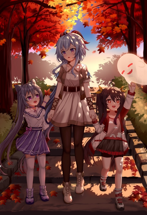 Genshin Impact characters Ganyu, Keqing, and Hu Tao in autumn