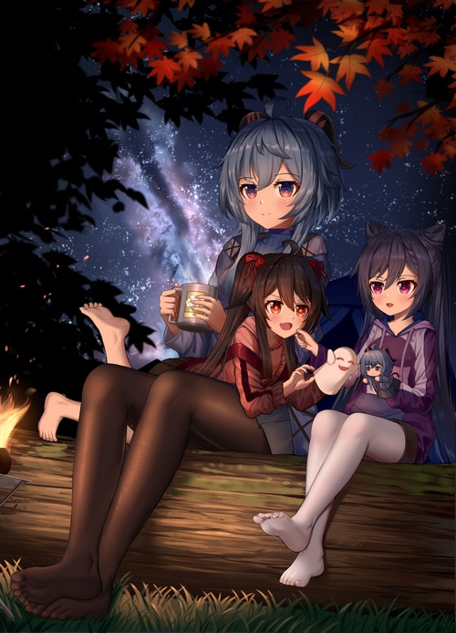 Genshin Impact characters Ganyu, Keqing, and Hu Tao by campfire